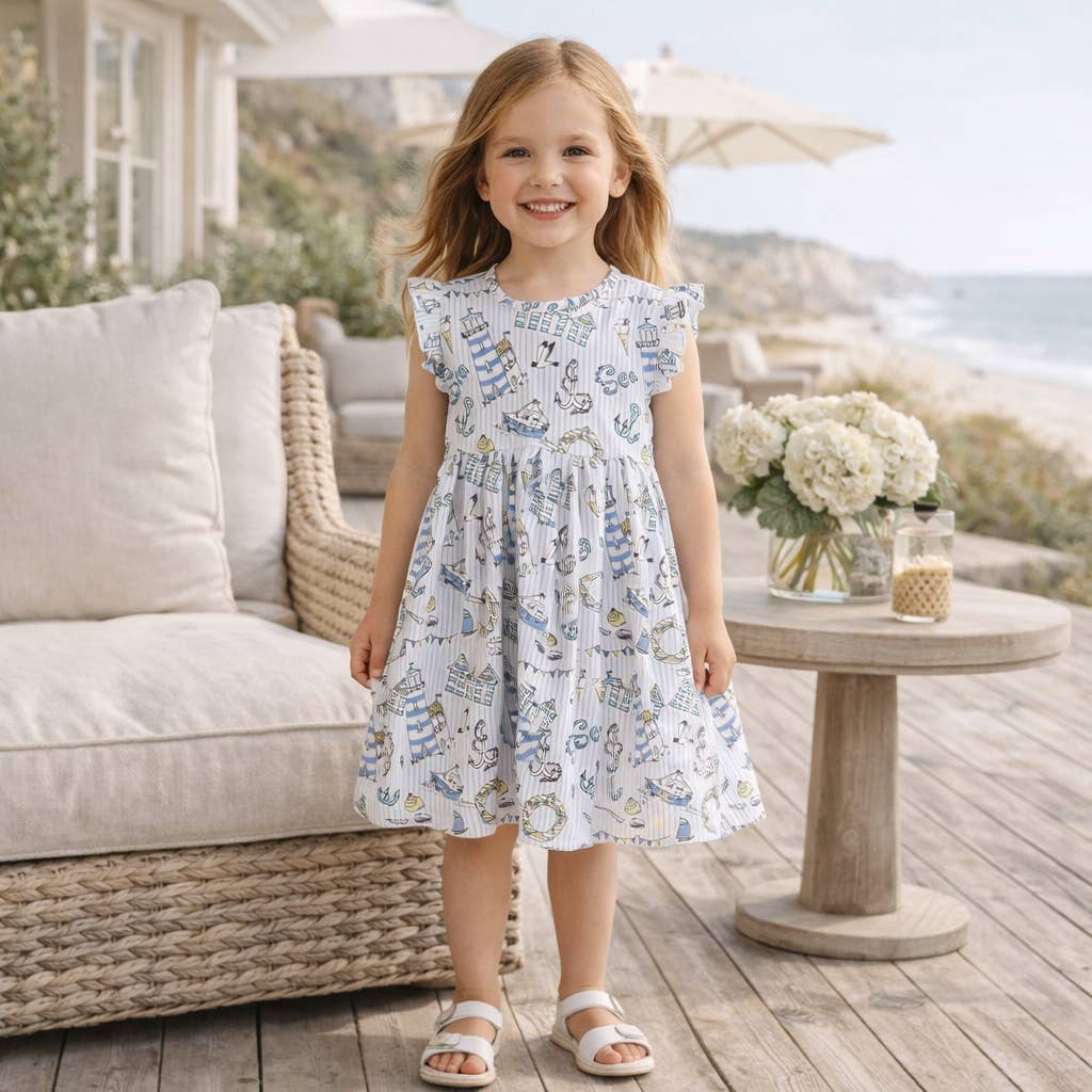 Seashore bamboo summer dress for toddler girls by Tesa Babe - soft lightweight coastal print dress 18M to 6Y
