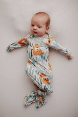 Dinosaur Zoo Knotted Gown by Three Little Tots - Flat Lay - Newborn Baby Clothing