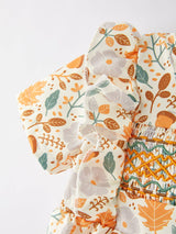 Autumn Floral Smocked Bubble Romper - Detail Flutter Sleeve and Hand Smocked Bodice