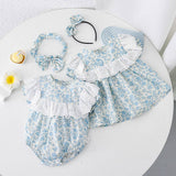 Blue Floral Lace Baby Girls Romper with Matching Headband by Rylee Faith Designs - Cotton Baby Clothing