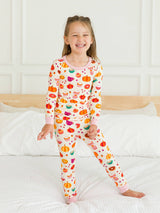 SoftSnooze™ Toddler Bamboo Viscose Fall Treats Ruffle Long Sleeve Pajama Set with Signature Rear Ruffles by RuffleButts + RuggedButts - Close-Up View