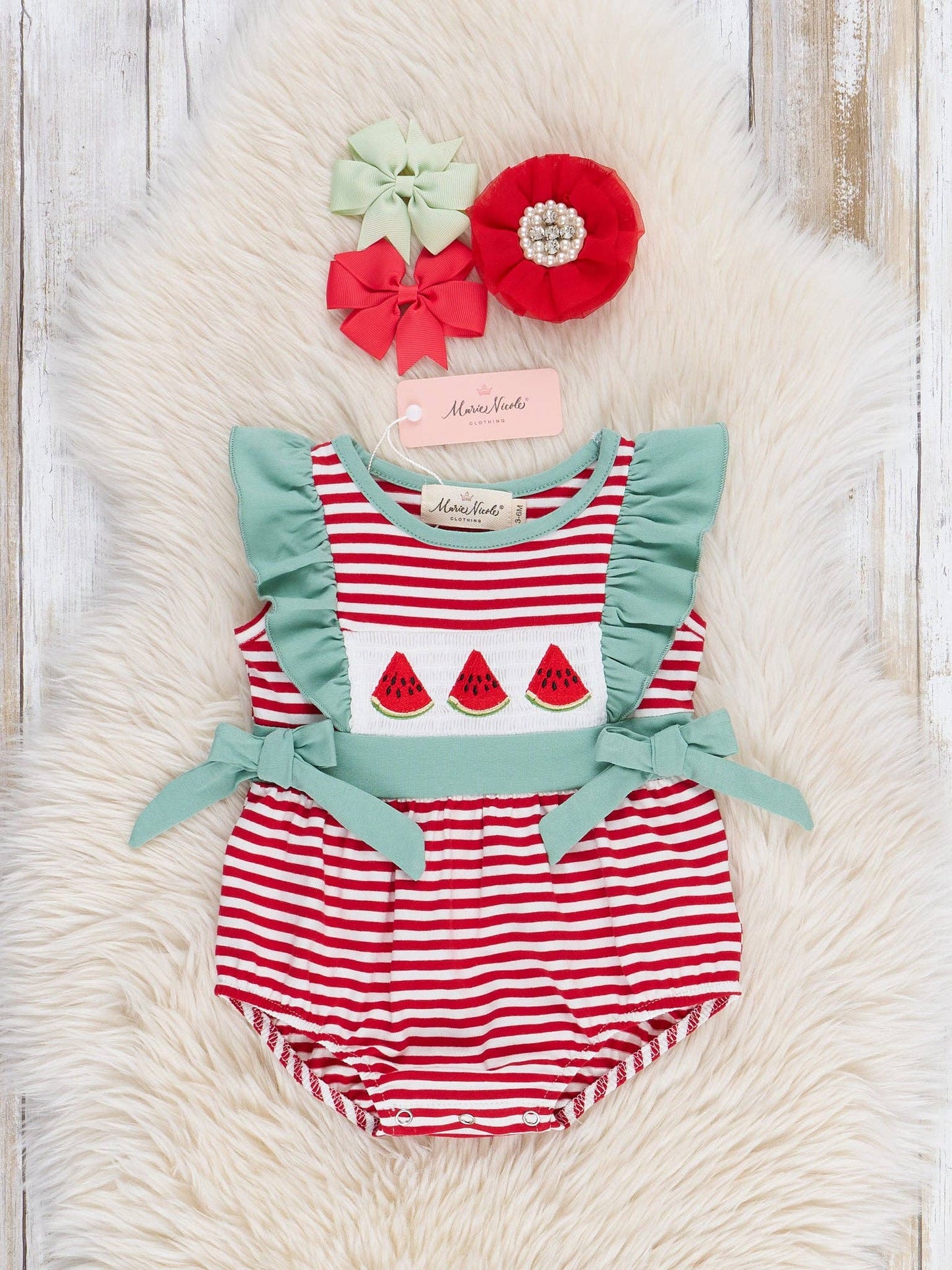 Watermelon Stripes Smocked Cotton Ruffle Bubble Romper for baby girls featuring ruffle trim hand-smocked bodice with embroidered watermelon and bubble silhouette by Marie Nicole Clothing