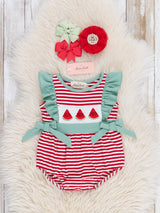 Watermelon Stripes Smocked Cotton Ruffle Bubble Romper for baby girls featuring ruffle trim hand-smocked bodice with embroidered watermelon and bubble silhouette by Marie Nicole Clothing