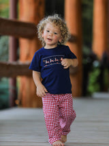 Baby Boy Christmas Outfit Set – Navy Santa Sleigh Holiday Collection by Rylee Faith Designs - Close-Up