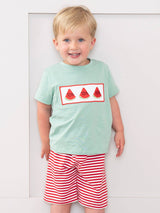 Watermelon Stripes Smocked Cotton Outfit for toddler boys featuring hand-smocked top with embroidered watermelon and matching striped shorts by Marie Nicole Clothing
