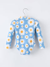 Daisy Print Long Sleeve Girls One Piece Swimsuit by Rylee Faith Designs - Back View