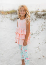 Peach Teal Floral Tiered Ruffle Spring Set - Leggings Detail