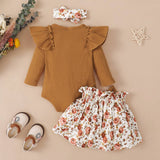 BABY 3PCS LETTER RIBBED ROMPER & FLORAL SHORTS SET - Back View