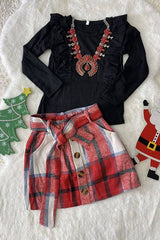 Black Knit Cotton Top & Flannel Plaid Skirt Toddler Set - Front View