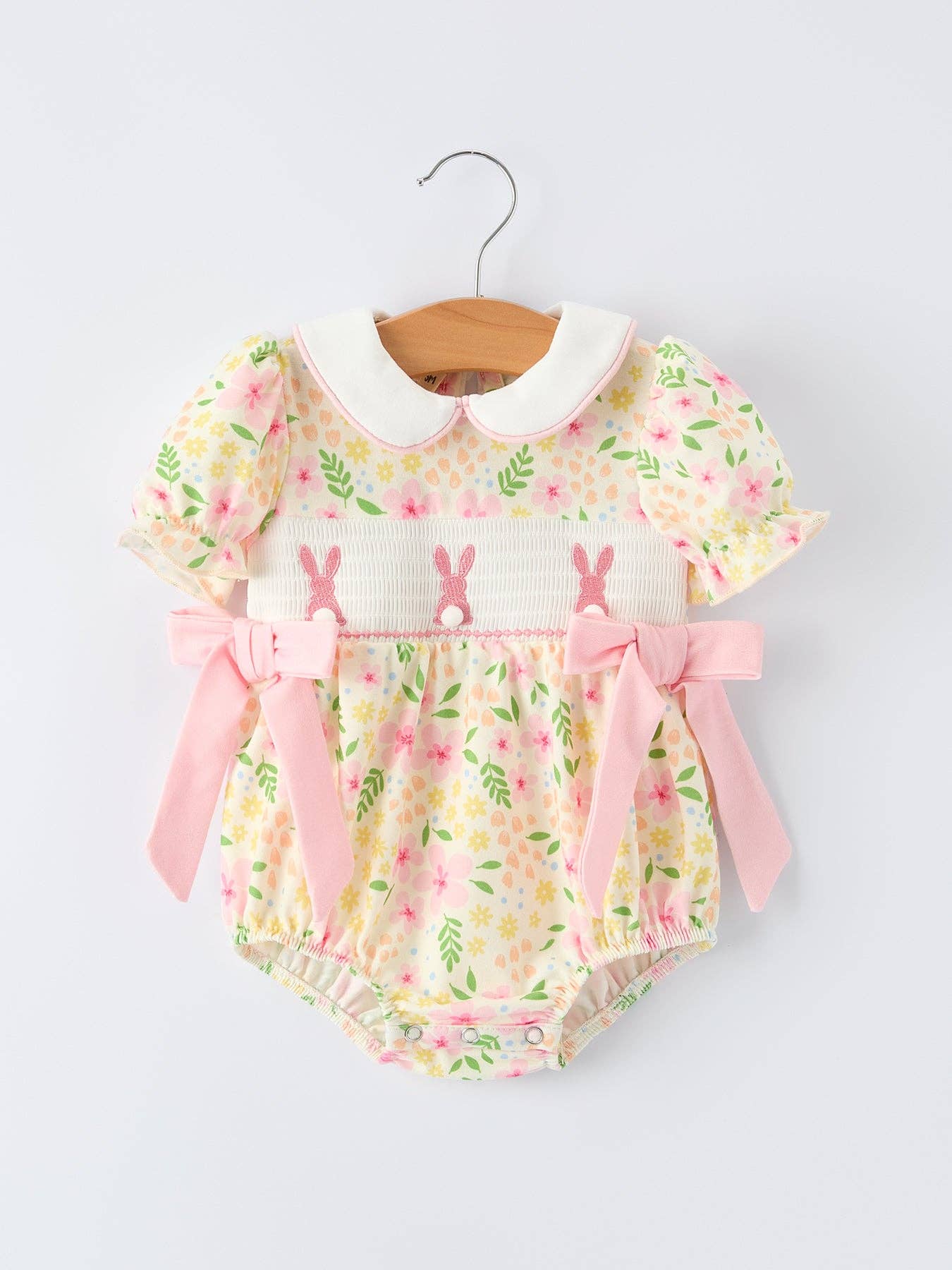 Easter Bunny Embroidery Smocking Cute Baby Girl Romper by Rylee Faith Designs - Front View - Easter Baby Clothing