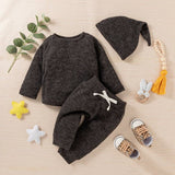 3pcs Solid Ribbed Long-sleeve and Trouser Set by PatPat - Close-Up