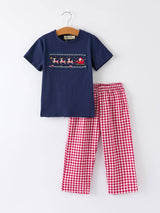 Baby Boy Christmas Outfit Set – Navy Santa Sleigh Holiday Collection by Rylee Faith Designs - Side View