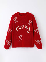 Girls' Red "Merry" Christmas Pullover Sweater - Festive Winter Holiday Knit for Kids by Rylee Faith Designs - Fabric Detail