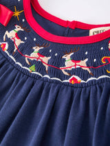 Navy Christmas Dress with Santa Sleigh | Festive Holiday Celebration Outfit for Girls by Rylee Faith Designs - Styled View