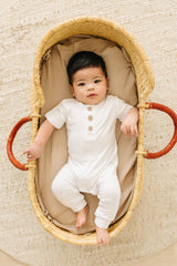 Bamboo Henley Romper in Purple - Lifestyle View on Baby