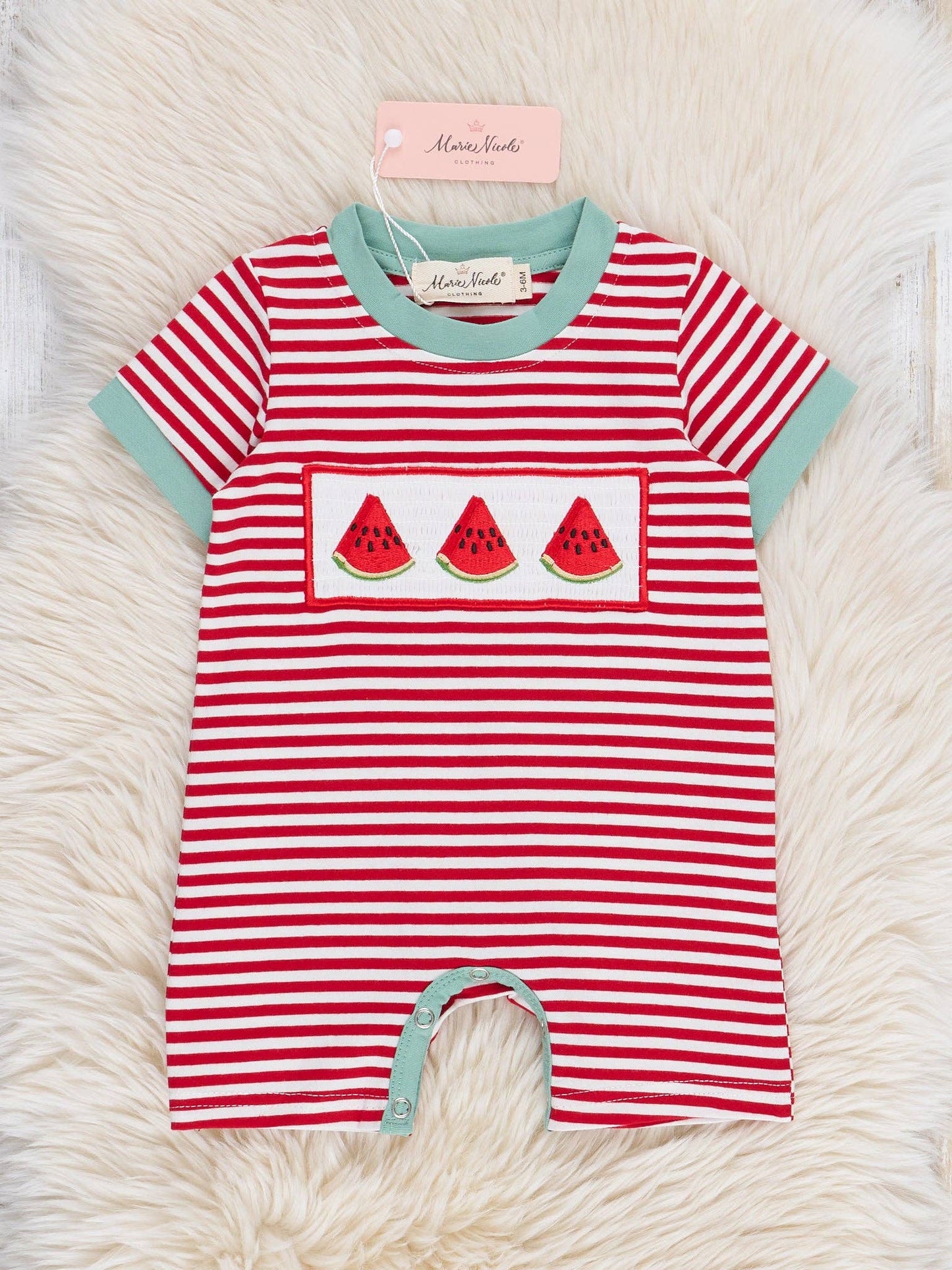 Back view of Watermelon Stripes Smocked Cotton Romper showing striped pattern and snap button closure for easy diaper changes