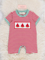 Back view of Watermelon Stripes Smocked Cotton Romper showing striped pattern and snap button closure for easy diaper changes