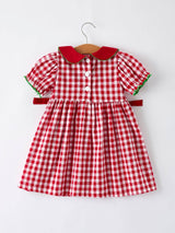 Girls' Red Plaid Christmas Dress with Tree Bow Accents by Rylee Faith Designs - Back View