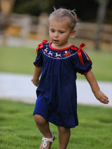 Navy Christmas Dress with Santa Sleigh | Festive Holiday Celebration Outfit for Girls by Rylee Faith Designs - Detail View