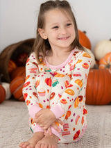 SoftSnooze™ Toddler Bamboo Viscose Fall Treats Ruffle Long Sleeve Pajama Set with Signature Rear Ruffles by RuffleButts + RuggedButts - Lifestyle View
