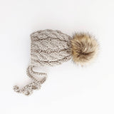 Cable knit baby bonnet in oatmeal color - soft cotton construction front view by Huggalugs