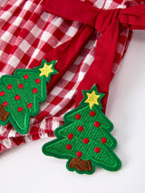 Baby Girls Christmas Outfit – Vibrant Red Plaid Romper with Festive Tree Bow Accents by Rylee Faith Designs - Detail View