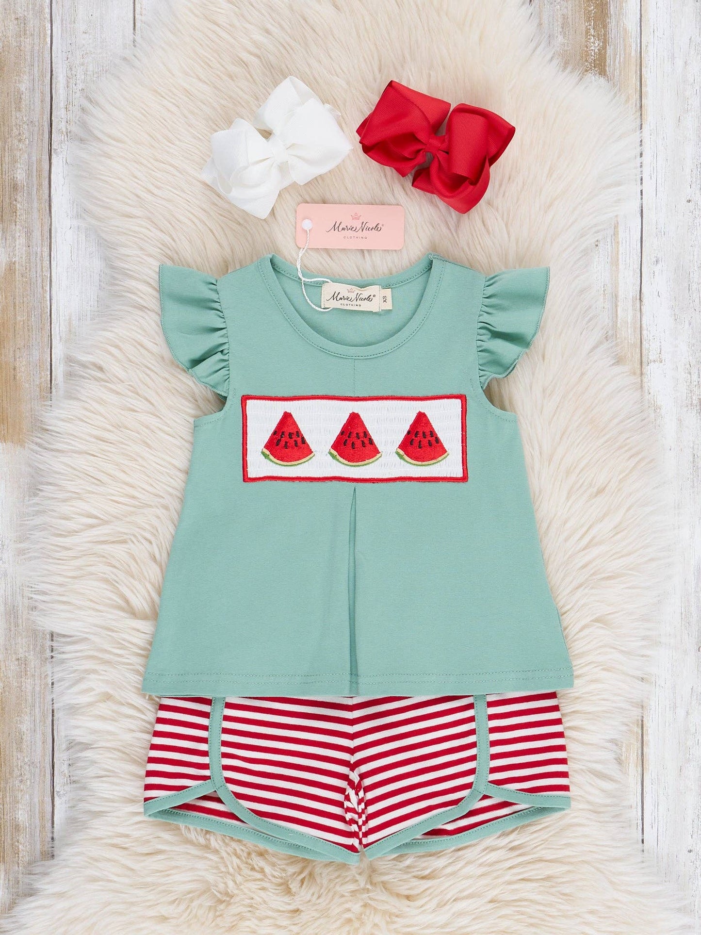 Back view of Watermelon Stripes Smocked Cotton Ruffle Outfit showing striped pattern on toddler girl two-piece set