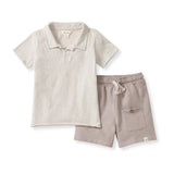 Chunky Slub Polo Shirt and Shorts Set in Tan Organic Cotton - Front View - Baby Toddler Boy Outfit