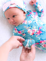 Pink Blossom Bamboo Gown & Bow Beanie Set | Newborn by RuffleButts + RuggedButts - Back View - Newborn Baby Clothing