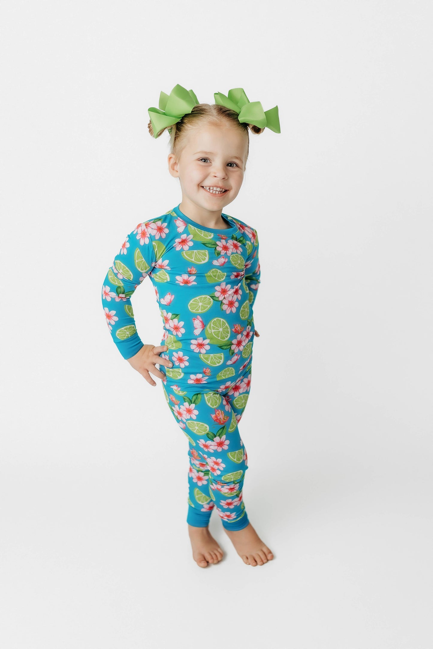 Flower and Lime Bamboo Two-Piece Pajama Set - Full Length Alternate View - Blue Bamboo Pajamas with Lime and Flower Print