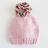Pink Hand-knit Baby Beanie | Multicolor POM POM by The Honey and Bro Co. - Front View