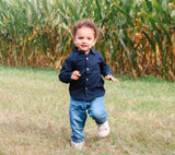 Navy Blue Cotton Button-Down Shirt – Baby & Toddler by The Honey and Bro Co. - Lifestyle View