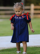 Navy Christmas Dress with Santa Sleigh | Festive Holiday Celebration Outfit for Girls by Rylee Faith Designs - Front View
