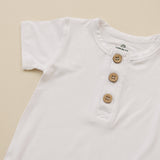 Bamboo Henley Romper in Purple - Lifestyle View on Baby