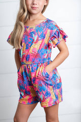 Girls Pink Orange Cheetah Animal Summer Romper - Close-Up