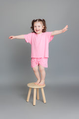 Bamboo Bubblegum Pink Ribbed Toddler Lounge Short Set by The Honey and Bro Co. - Front View