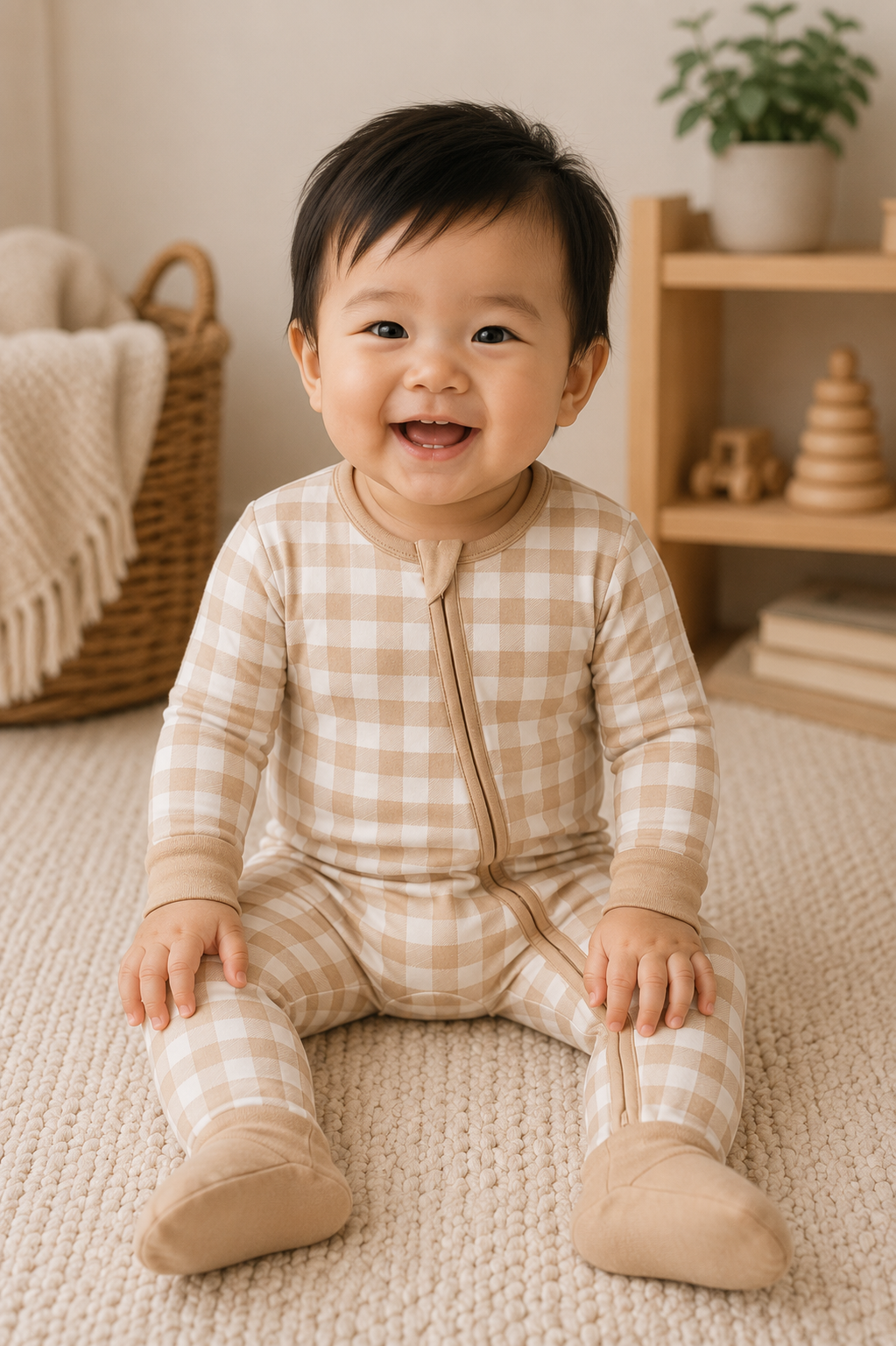 Crisp Gingham Zinza convertible baby zippy pajama by The Honey and Bro Co.