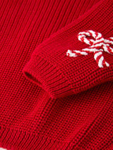 Girls' Red "Merry" Christmas Pullover Sweater - Festive Winter Holiday Knit for Kids by Rylee Faith Designs - Styled View