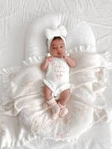 She's Here Frill Romper Deluxe Gift Set by The Honey and Bro Co. - Front View