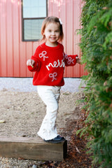 Girls' Red "Merry" Christmas Pullover Sweater - Festive Winter Holiday Knit for Kids by Rylee Faith Designs - Front View