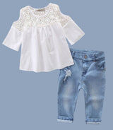 Lace Off-Shoulder Blouse & Jeans 2-Piece Girl Outfit by The Honey and Bro Co. - Back View
