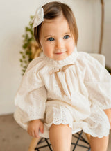 Solene Schiffli Lace Baby Dress - Back View with Snaps