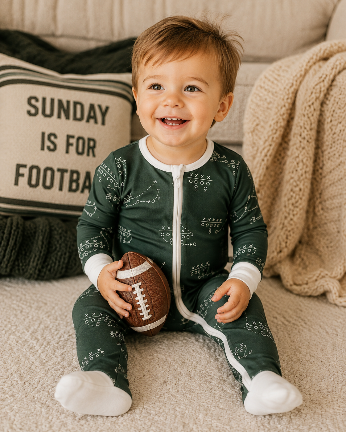 Little Playbook Soluna bamboo football convertible baby zippy pajama by The Honey and Bro Co.