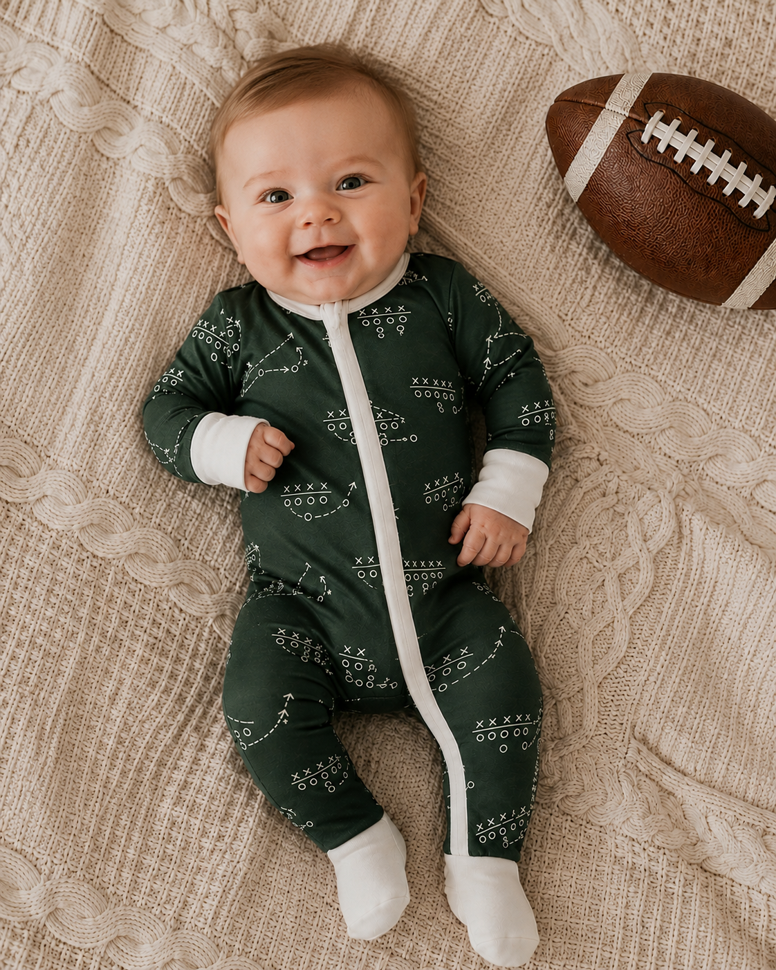 Little Playbook Soluna bamboo football convertible baby zippy pajama by The Honey and Bro Co.