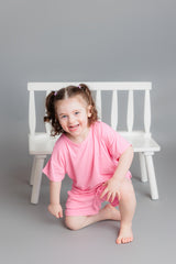 Bamboo Bubblegum Pink Ribbed Toddler Lounge Short Set by The Honey and Bro Co. - Detail View