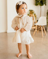 Solene Schiffli Lace Baby Dress & Bloomer - Front View by Viverano Organics