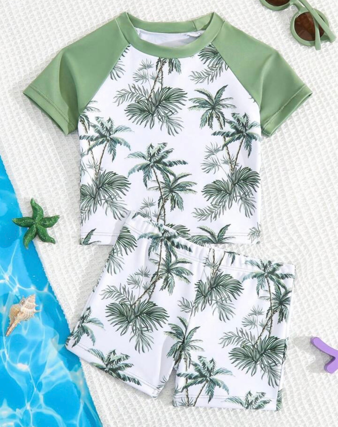 Paradise Palms Baby Boy Swim Set - Tropical Green Palm Print Tankini Front View