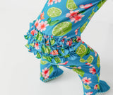 Flower and Lime Ruffle Butt Bamboo Footie Pajamas - Detail Ruffle Butt and Footed Legs with Grip Soles