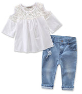 Lace Off-Shoulder Blouse & Jeans Girl Outfit - Front View by Fennco Styles