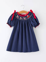 Navy Christmas Dress with Santa Sleigh | Festive Holiday Celebration Outfit for Girls by Rylee Faith Designs - Side View